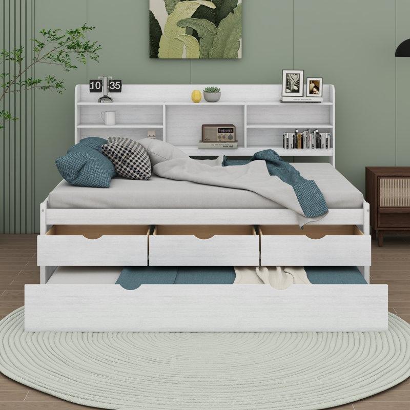 Beyaz Masif Çam ve MDF Dahili Kitaplıklı Üç Çekmeceli Yavru Yataklı Karyola - 266x200 cm - 329335
