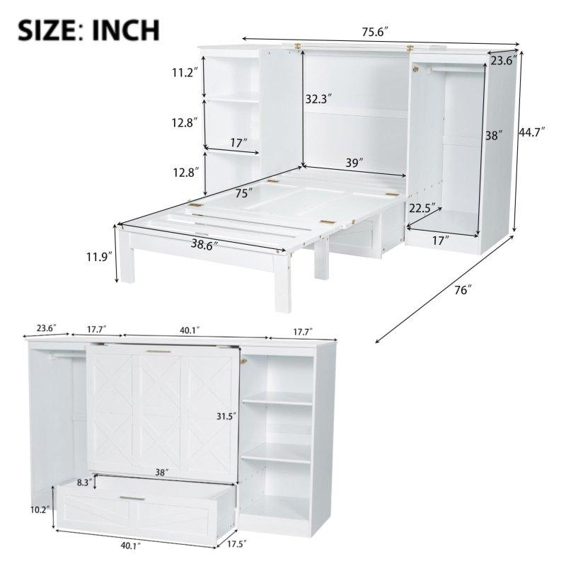 Beyaz Masif Çam ve MDF Gardıroplu Kitaplıklı Çekmeceli Duvar Yatağı - 261322