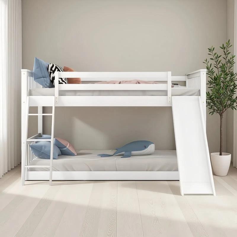 Beyaz Masif Çam ve MDF Kaydıraklı Merdivenli Ranza - 248001