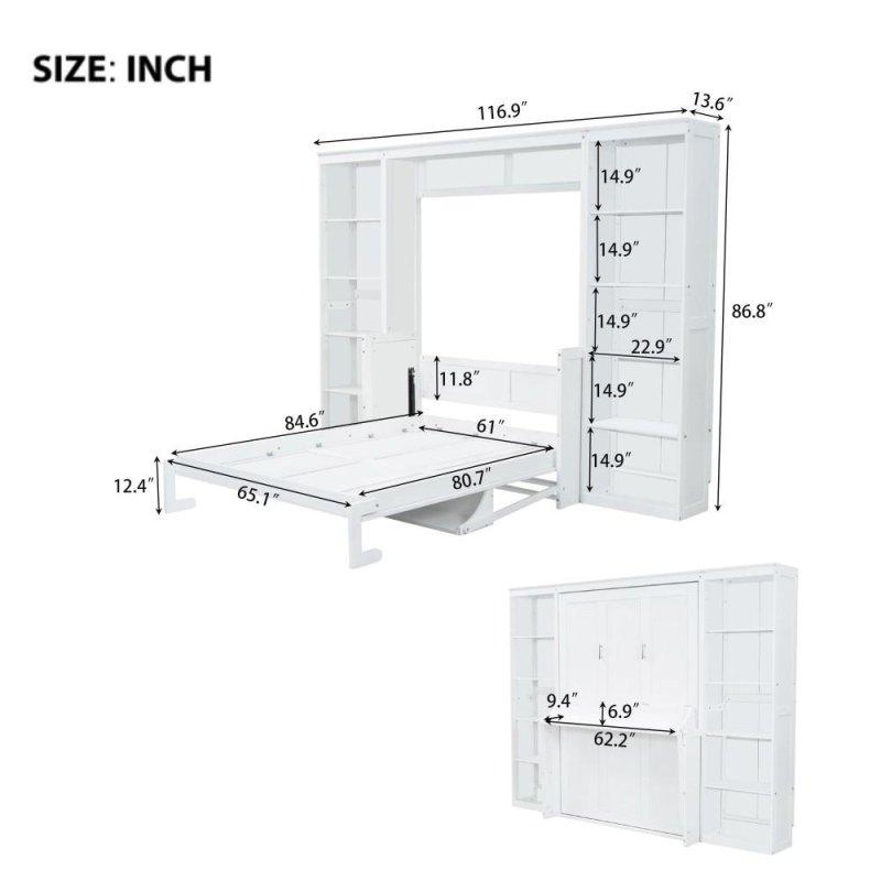 Beyaz Masif Çam ve MDF Kitaplıklı Masalı Duvar Yatağı - 260892