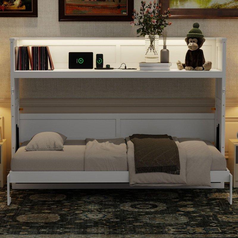 Beyaz Masif Çam ve MDF LED Aydınlatmalı USB Şarjlı Masalı Duvar Yatağı - 225 cm - 262390