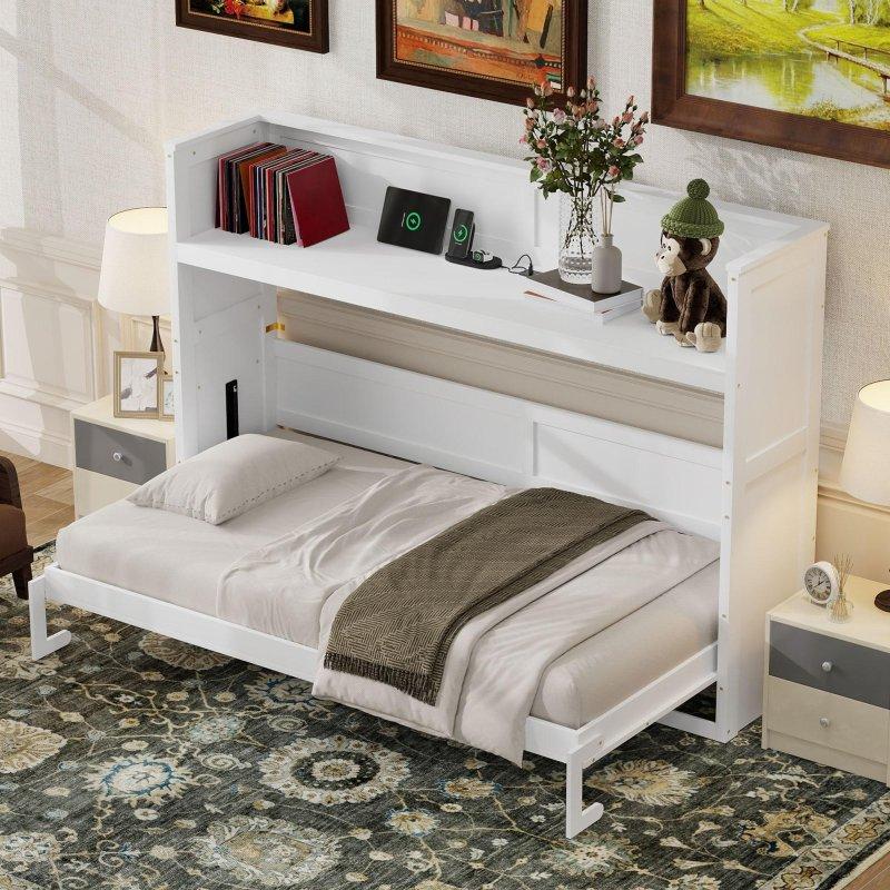Beyaz Masif Çam ve MDF Masalı LED Aydınlatmalı ve USB Şarjlı Duvar Yatağı - 263019