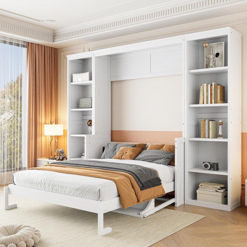 Beyaz Masif Çam ve MDF Masalı ve Kitaplıklı Fonksiyonel Duvar Yatağı - 263284