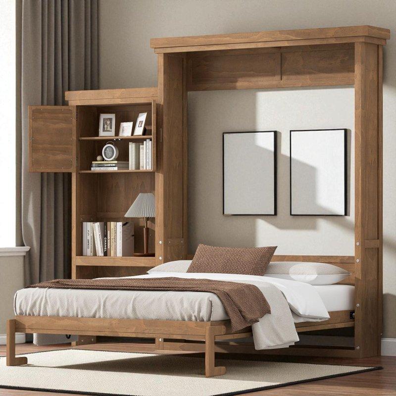 Beyaz Masif Çam ve MDF Panjur Tasarımlı Raflı Duvar Yatağı - Queen Size - 263318