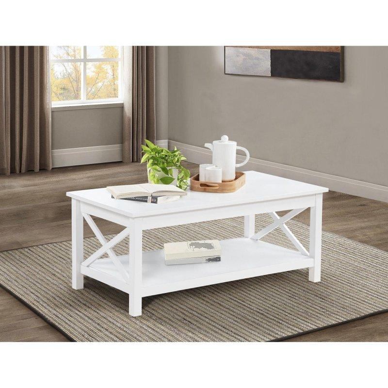 Beyaz Masif Çam ve MDF X-Çapraz Ayaklı Raflı Asansörlü Akıllı Sehpa - 112x56 cm - 254046