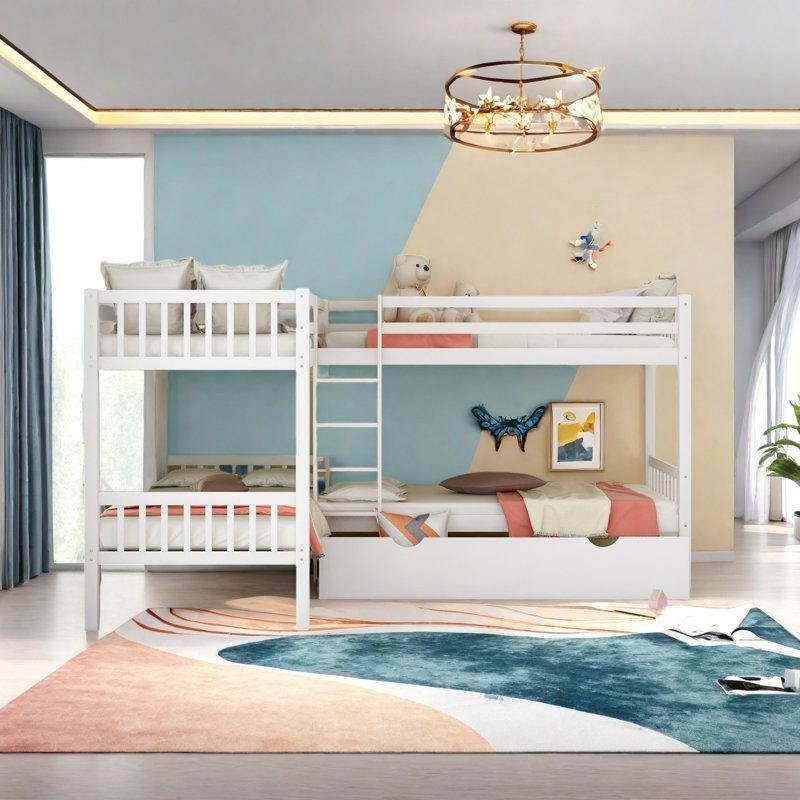 Beyaz Masif Çınar Ağacı Çekmeceli L Şekilli Dört Yataklı Ranza - 204x307 cm - 247877