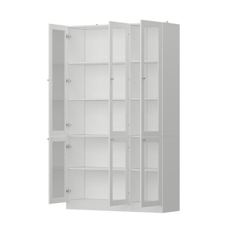 Beyaz Masif ve Ahşap 5 Raflı 6 Kapaklı Gold Kulplu Cam Kapaklı Kitaplık - 200x120 cm - 238731