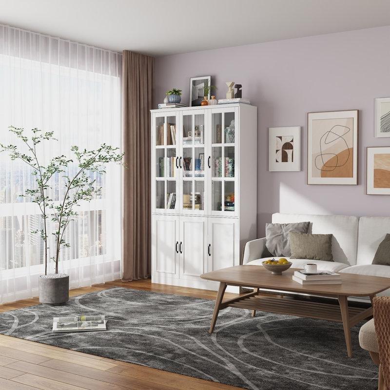 Beyaz Masif ve Endüstriyel Ahşap 5 Raflı Ayarlanabilir Cam Kapaklı Kitaplık - 200x120x40 cm - 238753