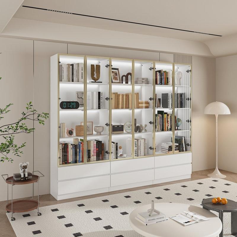 Beyaz Masif ve Endüstriyel Ahşap 6 Çekmeceli LED Işıklı Cam Kapaklı Kitaplık - 240x200 cm - 238615