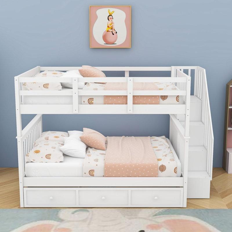 Beyaz Masif ve MDF Ahşap Çekmeceli Merdivenli Raflı Ranza - 247152