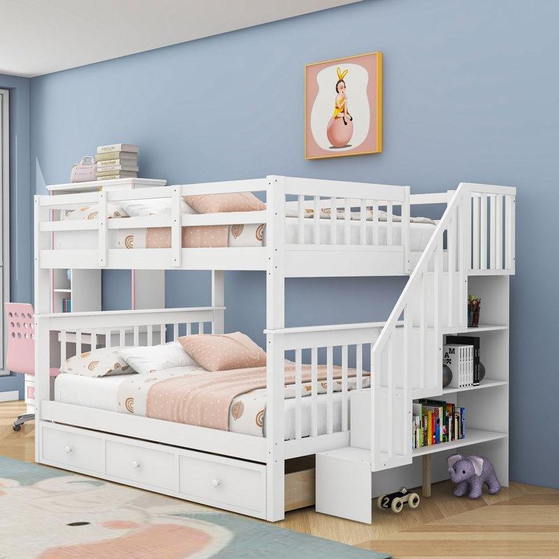 Beyaz Masif ve MDF Ahşap Çekmeceli Merdivenli Raflı Ranza - 247152