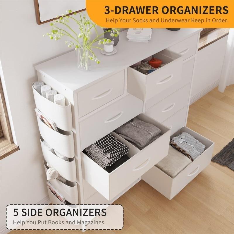 Beyaz MDF 11 Çekmeceli Yan Cepli Askılı Şifonyer - 101x99x30 cm - 308747