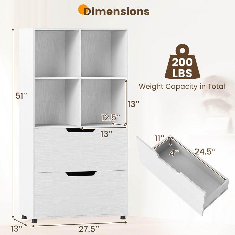 Beyaz MDF 2 Çekmeceli 4 Açık Raflı Kitaplık - 70x33x130 cm - 318608