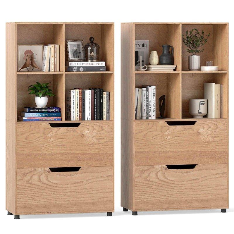 Beyaz MDF 2 Çekmeceli 4 Küp Raflı 2li Set Kitaplık - 70x34x130 cm - 317607