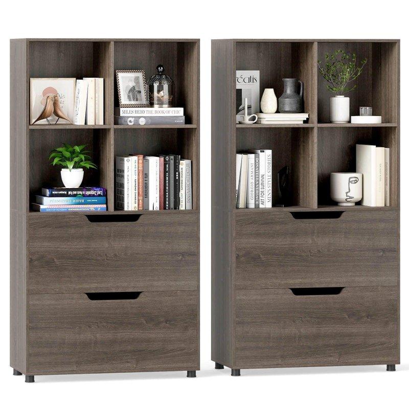 Beyaz MDF 2 Çekmeceli 4 Küp Raflı 2li Set Kitaplık - 70x34x130 cm - 317607