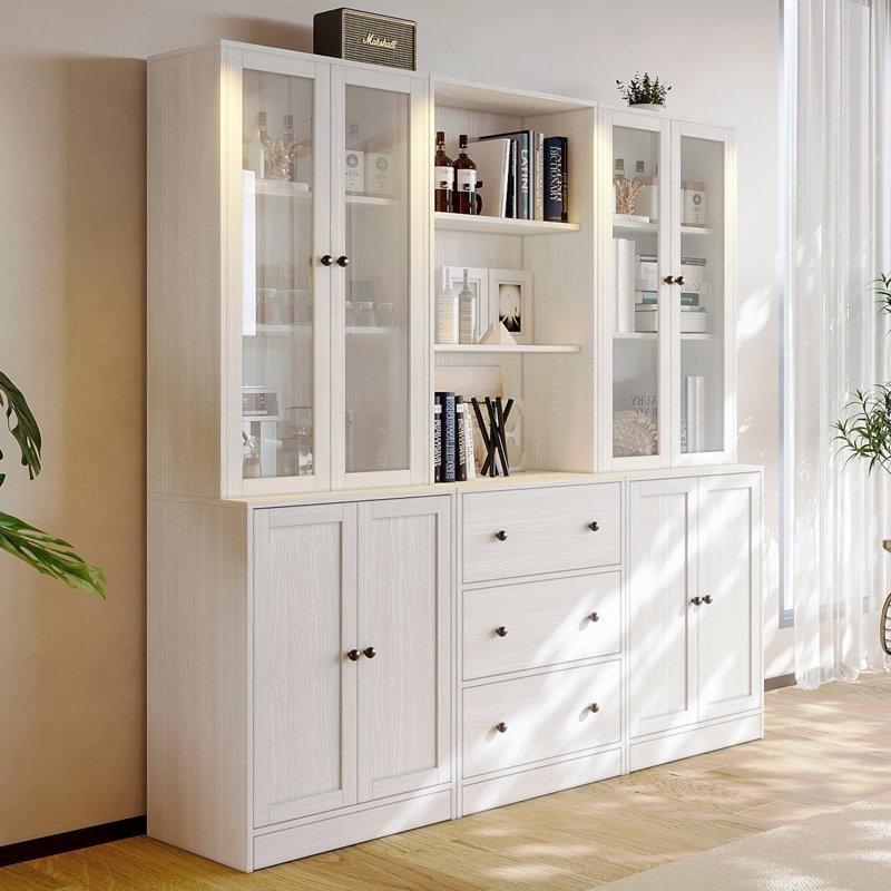Beyaz MDF 3 Çekmeceli 8 Kapaklı Cam Kapaklı Kitaplık - 181x181x40 cm - 238858