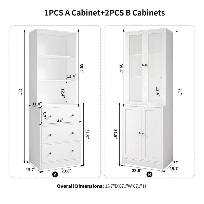 Beyaz MDF 3 Çekmeceli 8 Kapaklı Cam Kapaklı Kitaplık - 181x181x40 cm - 238858