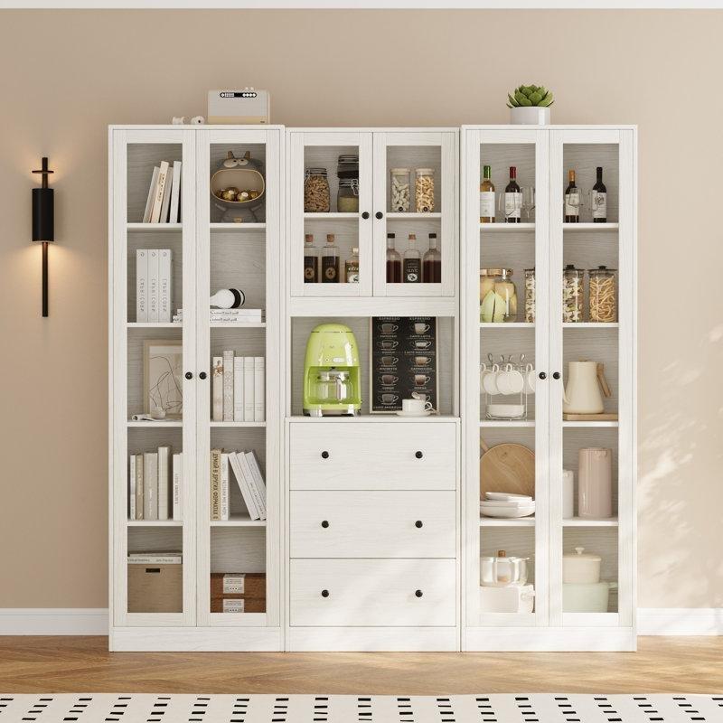 Beyaz MDF 3 Çekmeceli Modüler Cam Kapaklı Kitaplık - 181x181x41 cm - 238284