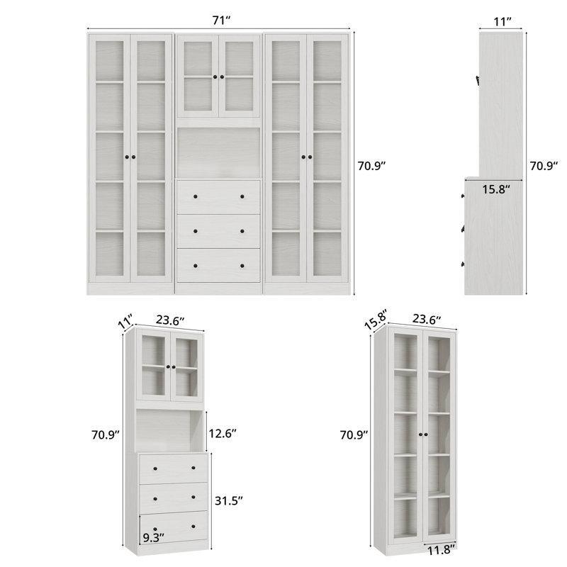 Beyaz MDF 3 Çekmeceli Modüler Cam Kapaklı Kitaplık - 181x181x41 cm - 238284