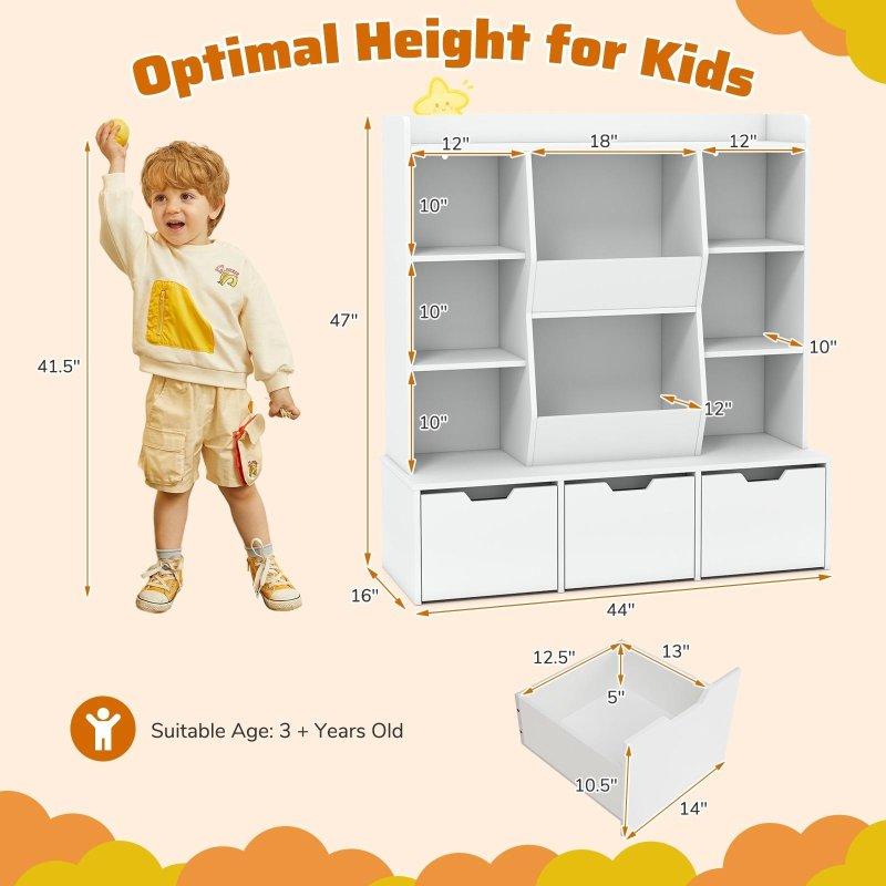 Beyaz MDF 3 Çekmeceli Oyuncak Düzenleyici Çocuk Kitaplığı - 112x41x120 cm - 317656