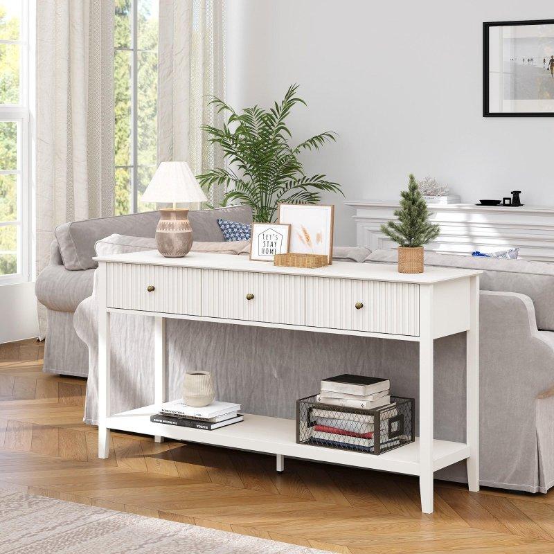 Beyaz MDF 3 Çekmeceli Yivli Raflı Dresuar Bronz Kulplu - 152 cm - 330718