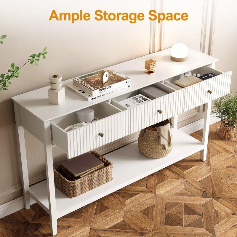 Beyaz MDF 3 Çekmeceli Yivli Raflı Dresuar Bronz Kulplu - 152 cm - 330718
