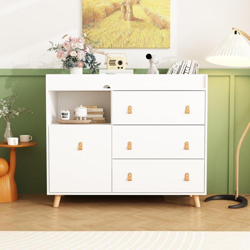Beyaz MDF 4 Çekmeceli Alt Değiştirme Üniteli Deri Kulplu Şifonyer - 115 cm - 304141