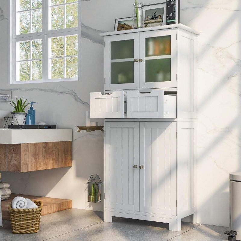 Beyaz MDF 4 Kapaklı 2 Çekmeceli Çok Amaçlı Banyo Dolabı - 60x31x129 cm - 333991