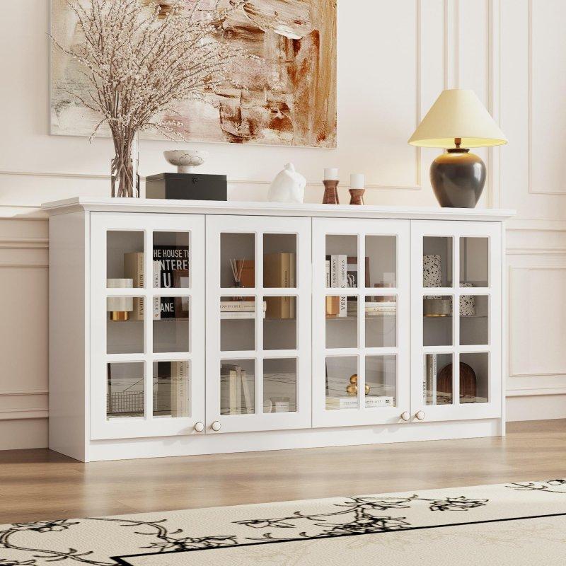 Beyaz MDF 4 Kapaklı Duvara Monte Cam Kapaklı Kitaplık - 162x81x42 cm - 239459