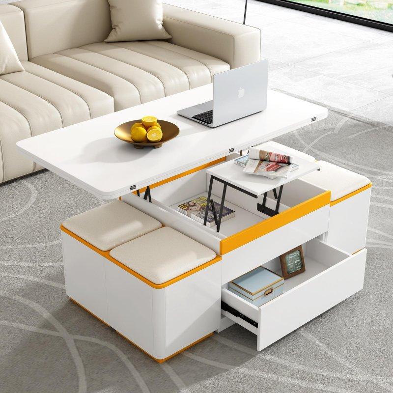 Beyaz MDF 4 Tabureli Asansörlü Yemek Masasına Dönüşen Akıllı Sehpa - 120x60 cm - 253745