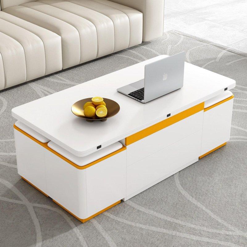 Beyaz MDF 4 Tabureli Asansörlü Yemek Masasına Dönüşen Akıllı Sehpa - 120x60 cm - 253745