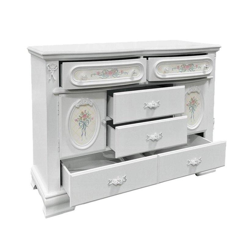Beyaz MDF 6 Çekmeceli 2 Kapaklı Kristal Kulplu Şifonyer - 133 cm - 311919