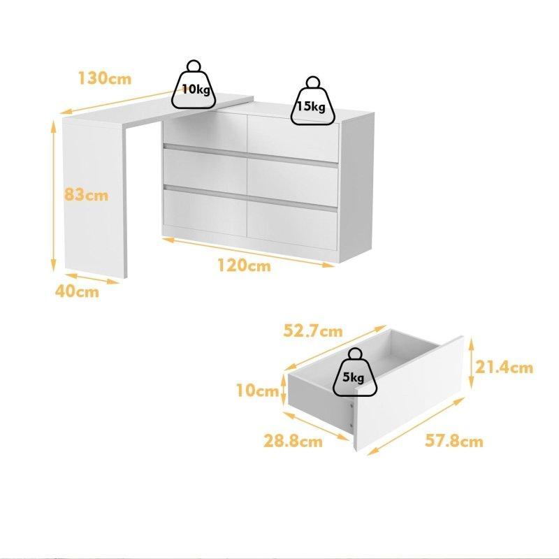 Beyaz MDF 6 Çekmeceli Ayarlanabilir L Tipi Makyaj Masalı Şifonyer - 131x84x40 cm - 304050