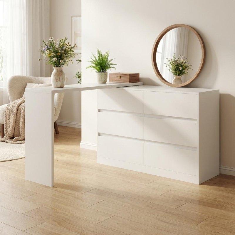 Beyaz MDF 6 Çekmeceli Ayarlanabilir L Tipi Makyaj Masalı Şifonyer - 131x84x40 cm - 304050