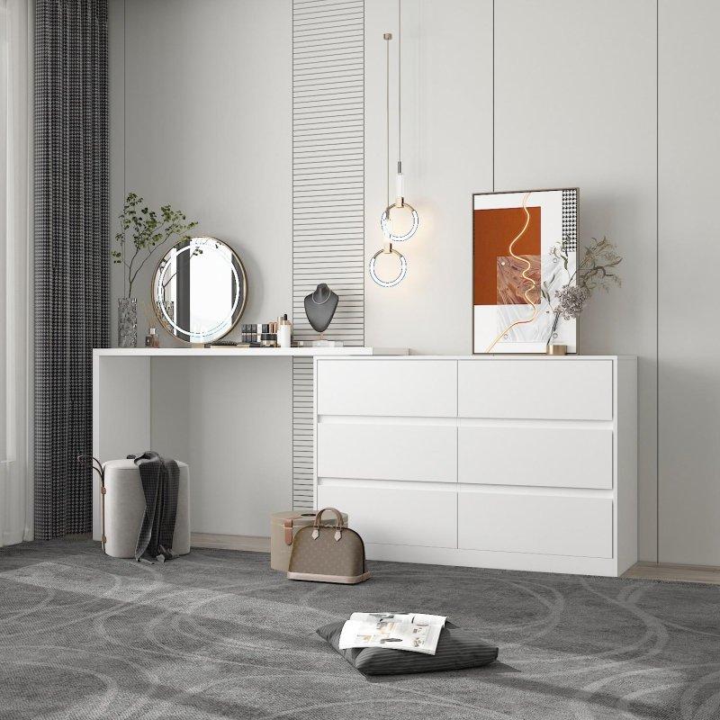 Beyaz MDF 6 Çekmeceli Dönebilen Masa Fonksiyonlu Şifonyer - 131x40 cm - 296692