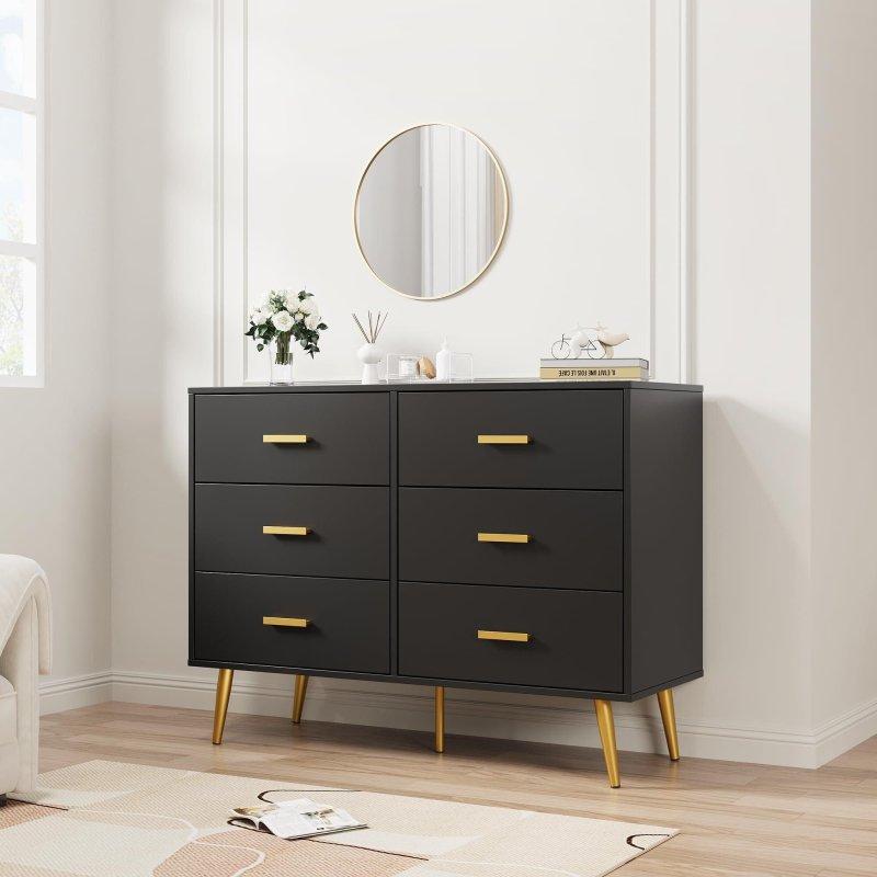 Beyaz MDF 6 Çekmeceli Gold Kulplu Şifonyer - 106x40x86 cm - 302240