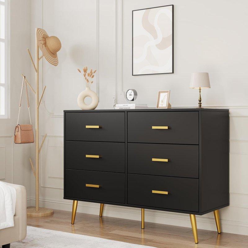 Beyaz MDF 6 Çekmeceli Gold Kulplu Şifonyer - 106x40x86 cm - 311203