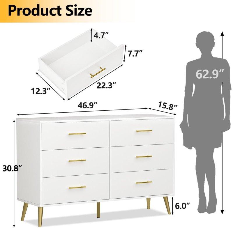 Beyaz MDF 6 Çekmeceli Metal Kulplu Şifonyer - 120 cm - 309444