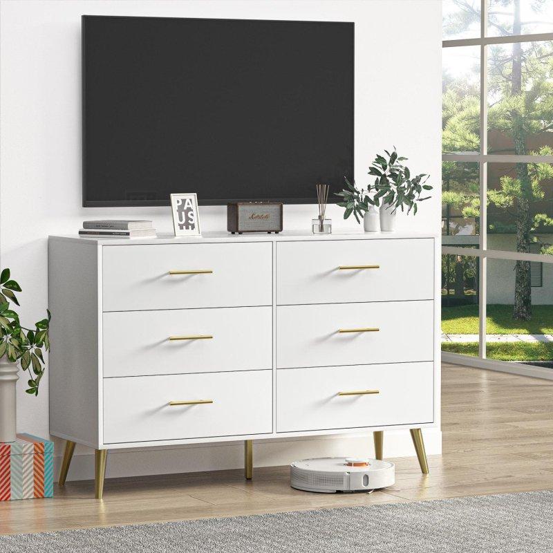 Beyaz MDF 6 Çekmeceli Metal Kulplu Şifonyer - 120 cm - 309444