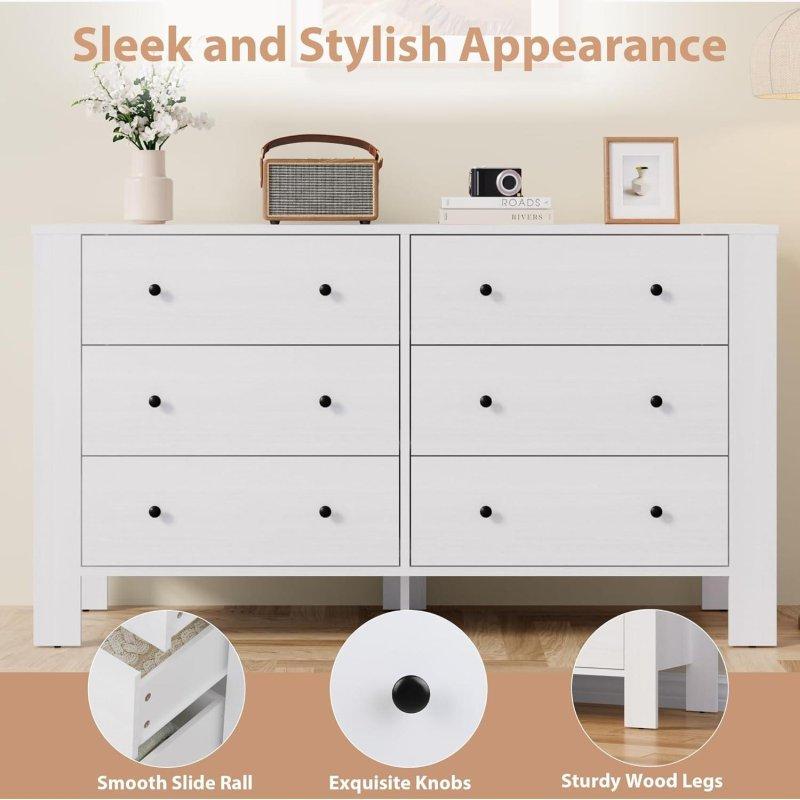 Beyaz MDF 6 Çekmeceli Metal Kulplu Yatay Şifonyer - 127 cm - 295179