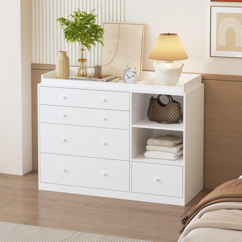 Beyaz MDF 6 Çekmeceli ve 2 Açık Raflı Şifonyer - 120 cm - 301746
