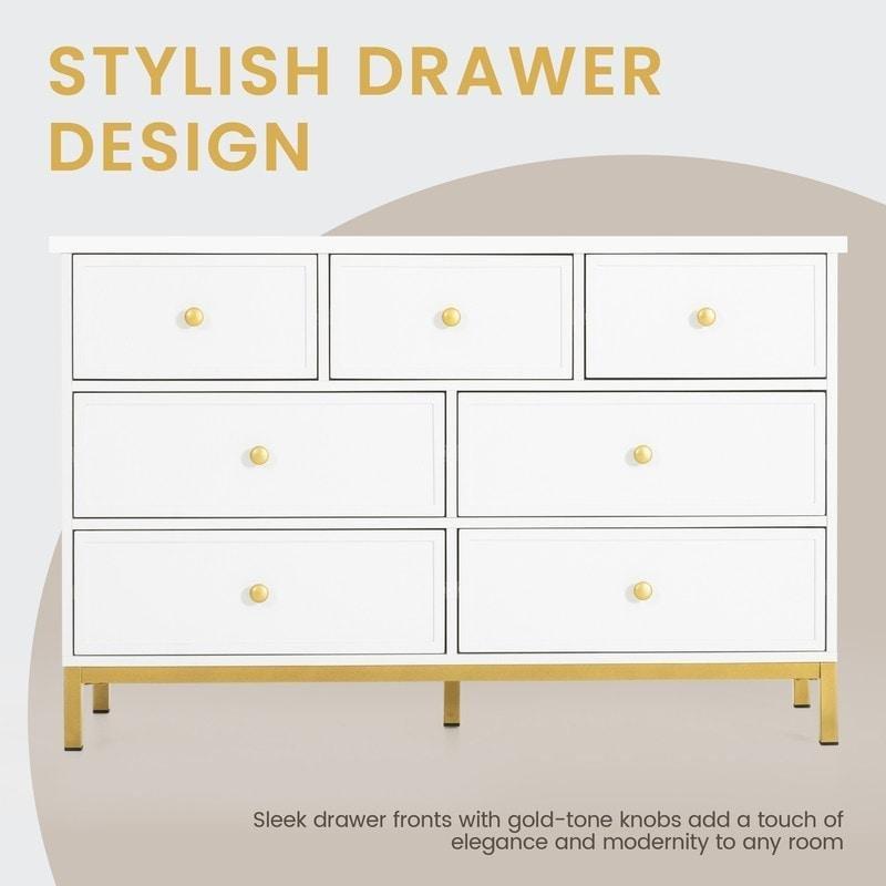 Beyaz MDF 7 Çekmeceli Gold Metal Kulplu Şifonyer - 120x75x42 cm - 297319