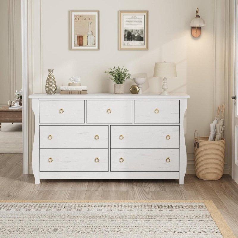 Beyaz MDF 7 Çekmeceli Kabartma Dokulu Şifonyer - 138 cm - 305527