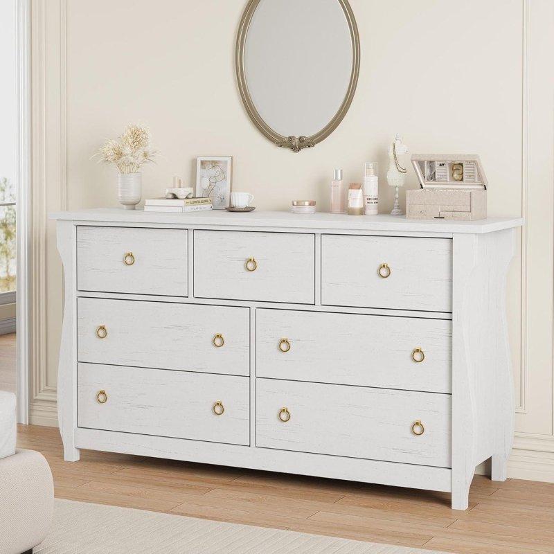 Beyaz MDF 7 Çekmeceli Kabartma Dokulu Şifonyer - 138 cm - 305527