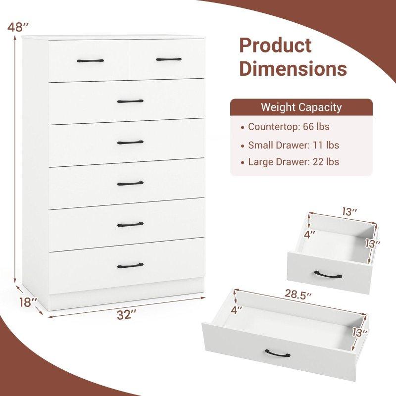 Beyaz MDF 7 Çekmeceli Metal Kulplu Şifonyer - 82x46x122 cm - 309071