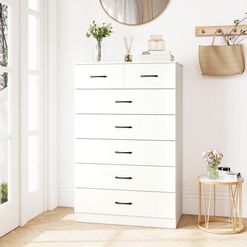 Beyaz MDF 7 Çekmeceli Metal Kulplu Şifonyer - 82x46x122 cm - 309071