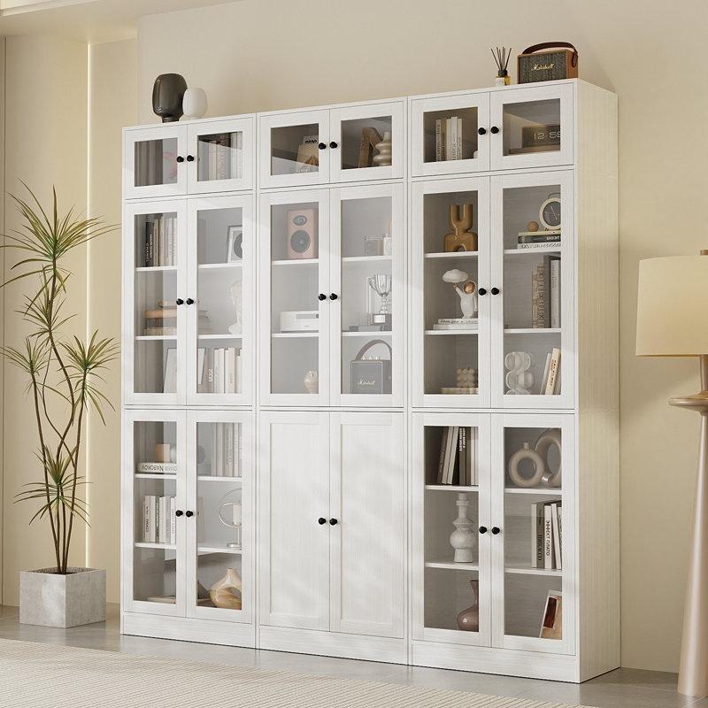 Beyaz MDF 7 Raflı 3 Çekmeceli Cam Kapaklı Kitaplık - 180x39x221 cm - 238240