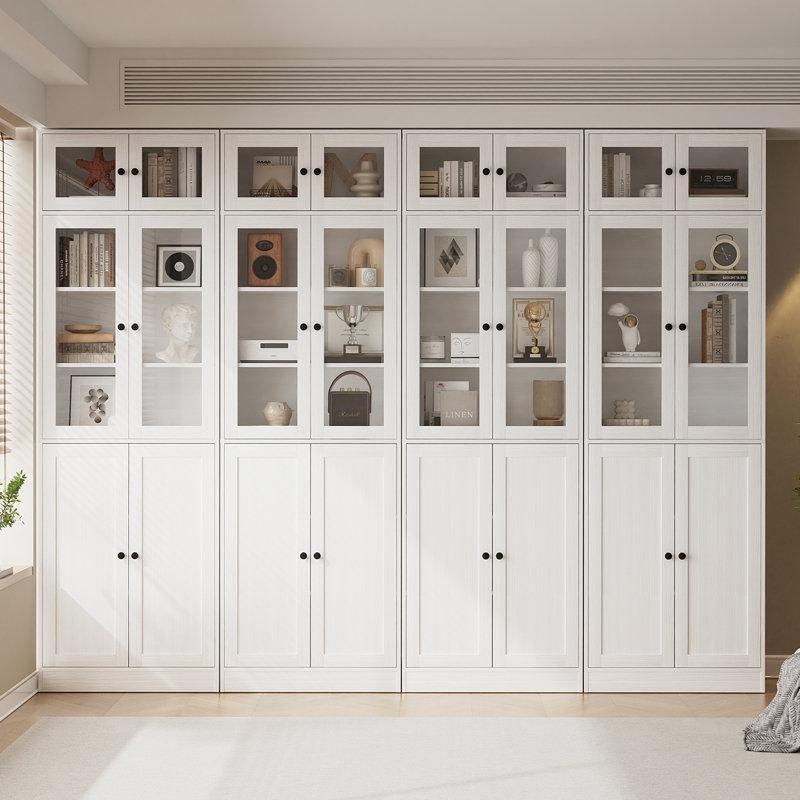 Beyaz MDF 7 Raflı 3 Çekmeceli Cam Kapaklı Kitaplık - 241x221 cm - 238793