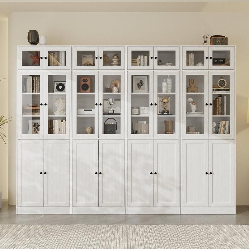 Beyaz MDF 7 Raflı 3 Çekmeceli Cam Kapaklı Kitaplık - 241x221 cm - 238793