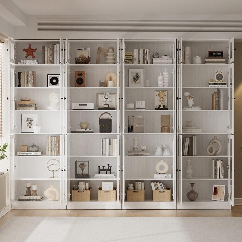 Beyaz MDF 7 Raflı 3 Çekmeceli Modüler Cam Kapaklı Kitaplık - 240x221 cm - 238542